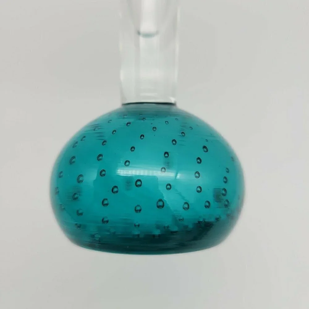 Vintage Teal Bubble Base Blown Glass Vase Narrow Mid Century Modern Smooth 8